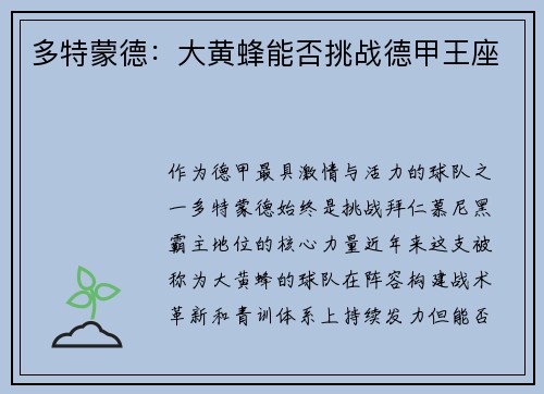 多特蒙德：大黄蜂能否挑战德甲王座
