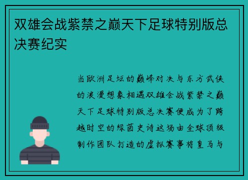 双雄会战紫禁之巅天下足球特别版总决赛纪实