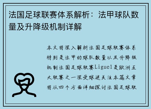 法国足球联赛体系解析：法甲球队数量及升降级机制详解