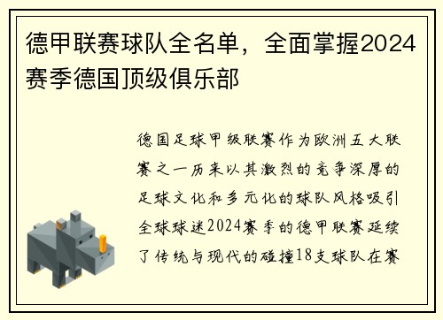 德甲联赛球队全名单，全面掌握2024赛季德国顶级俱乐部